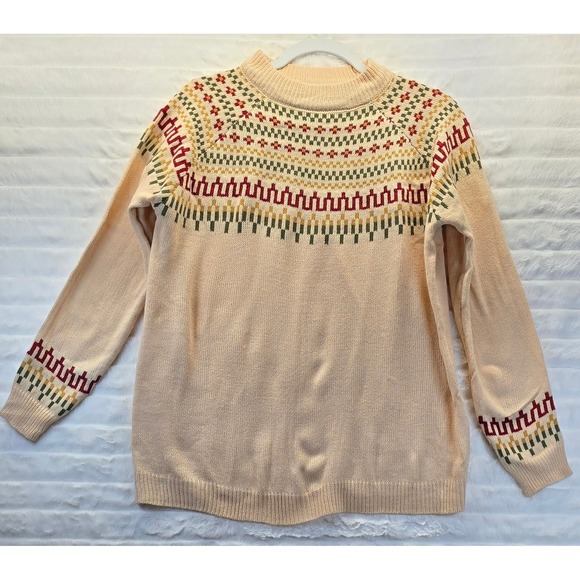 Sweaters - Fair Isle Mock Neck Sweater Womens Medium Cream Multi Excellent Knit